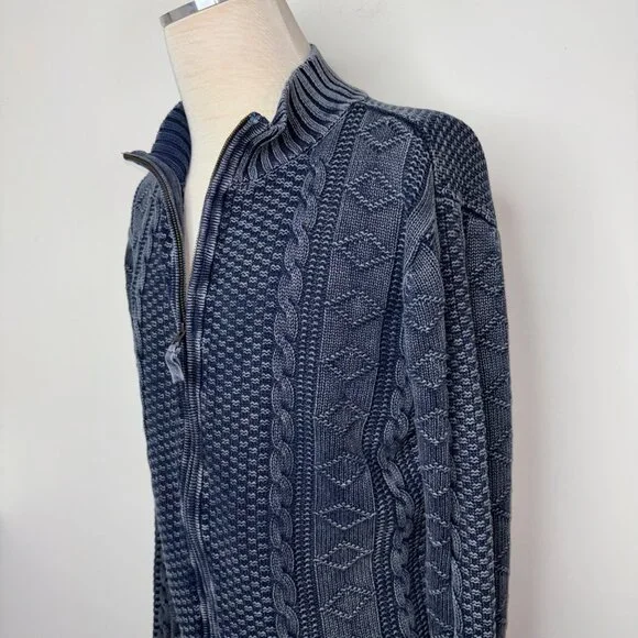 Carbon 2 Cobalt Sweater Size L Stavenger Blue Full Zip Cable Knit Linen Cotton - Picture 7 of 13